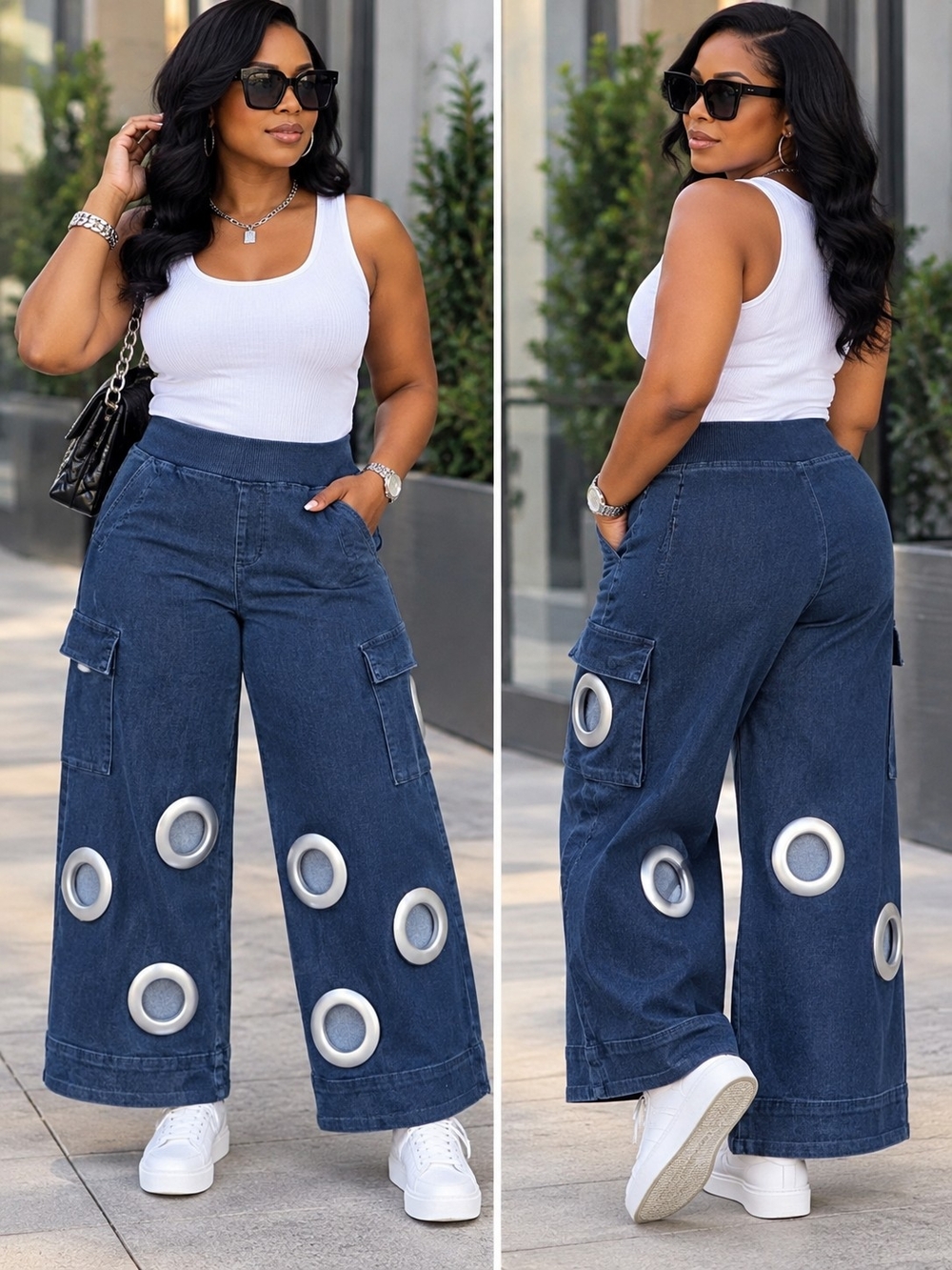 Wide-Leg Cargo Jeans with Metallic Ring Details - Silver / Denim